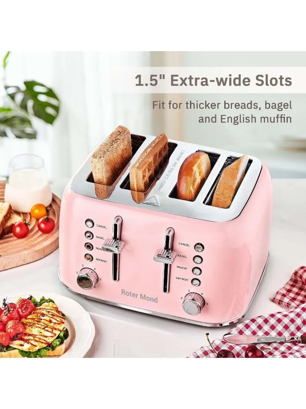 4 Slice Pink Retro Stainless Steel with Extra Wide Slots Bagel Defrost Toaster